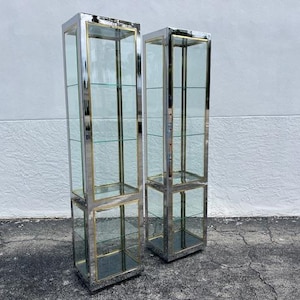 Pair Of Crome Brass and Glass Vitrines Mid Century Modern Lighted Show Cases