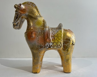 Zeldzaam Bitossi-paardensculptuur met een veelkleurig craqueléglazuur uit het midden van de eeuw modern keramisch aardewerk Italië, jaren 60