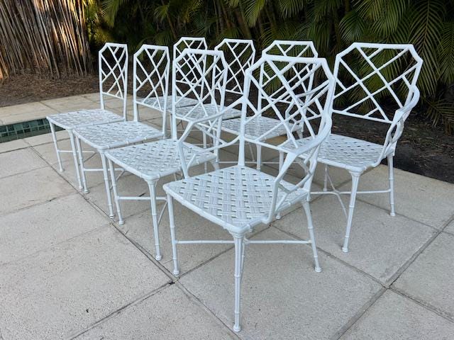 Eight Brown Jordan Calcutta Faux Bamboo Patio Chairs Mid Century