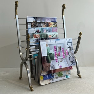 Maison Jansen Style Mid Century Modern Brass and Stainless Steel Magazine Rack