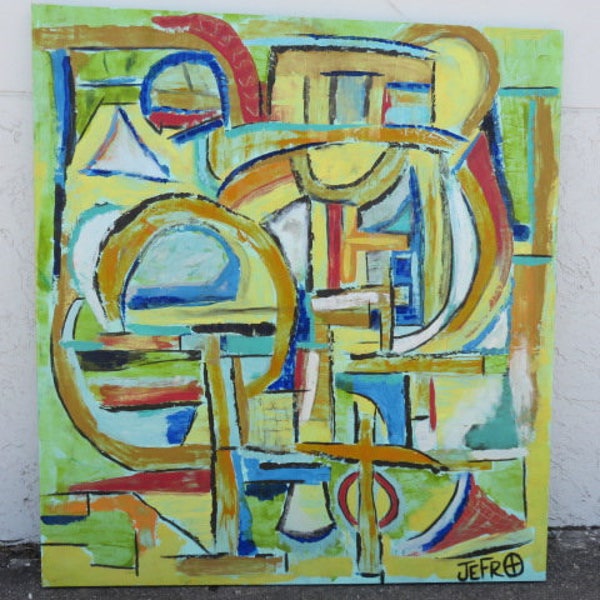 Signed Jefro Monumental Abstract Art Mid Century Modern Acrylic Painting On Canvas Title Introversion Of Soul