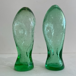 Pair of Green Crackle Glass Bud Vases Mid Century Modern Art Glass