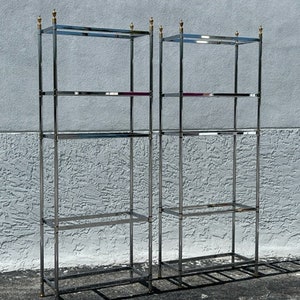 Maison Jansen Style Chrome Brass Glass Etageres, Mid Century Modern