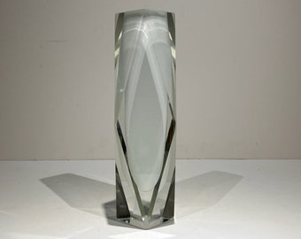 Large Mandruzzato Murano Faceted Sommerso Glass Mid Century Modern Clear And White Vase