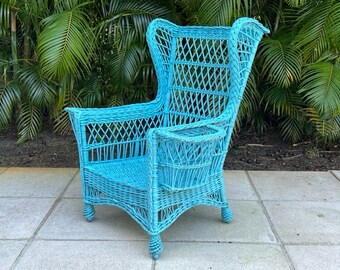 Early Turquoise Painted Wicker High Back Chair Mid Century Modern Furniture Etsy