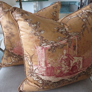 Pair Of Custom Made Decorative Down Pillows With Toile Fabric