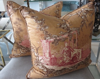 Par de almohadas decorativas de plumón hechas a medida con tela Toile