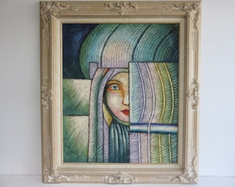 Mid Century Modern Portrait Painting French Acrylic and Fiber Art