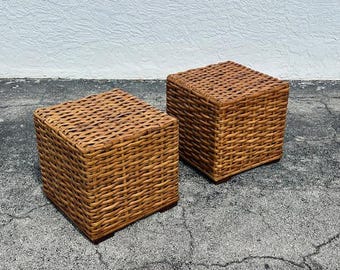 Pair of Woven Rattan Cubes or Stools Mid Century Modern