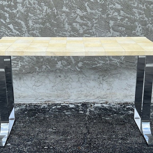 Goatskin and Chrome Writing Desk Mid Century Modern Parchment Console Table