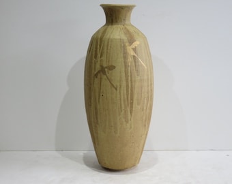 Tall Hand Painted Studio Pottery Vessel Mid Century Modern Stamped Ceramic Piece