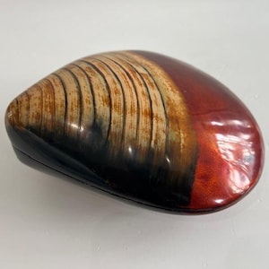 May include: A smooth, clam-shaped decorative box with a glossy finish. The surface features a gradient pattern transitioning from a textured, light tan and brown striped area to a solid, deep reddish-brown section with a dark black accent.