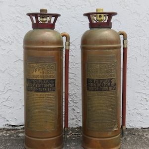 Pair of Brass Buffalo Fire Extinguishers Converted into Lamps