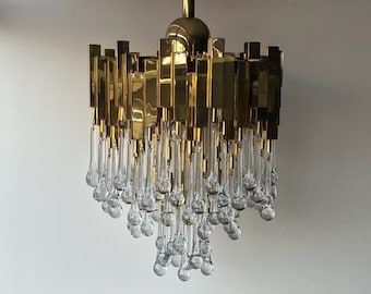 BD Lumica Barcelona Venini Glass and Brass Chandelier Mid Century Modern Lighting Italy