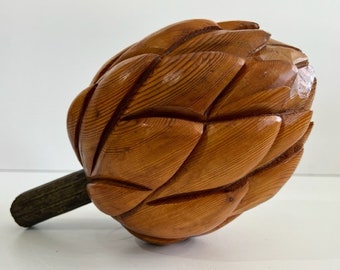 Wood and Brass Artichoke Sculpture Mid Century Modern Sarreid Style Monkey Pod Art Object
