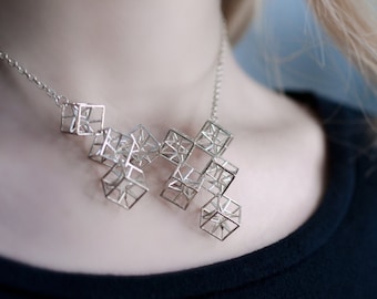 3d printed cubic design geometric silver necklace is a gift for an architect, engineer, architecture, science and math teacher or student