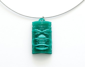Tiki Polynesian and hawaiian vintage style pendant, 3d printed using eco resin, recycled nylon with a metallic chain, gift for traveler