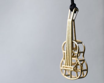 3d printed guitar brass metal pendant necklace gift for musician boyfriend in a band music student teacher classic unisex man woman jewelry