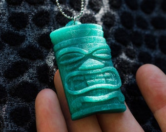 Tiki Polynesian and hawaiian vintage style pendant, 3d printed using eco resin, recycled nylon with a metallic chain, gift for traveler.