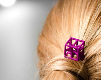 3d printed hairpin purple finish, hair decoration, polyamide exclusive innovative design contemporary geometric hand tinted cube star