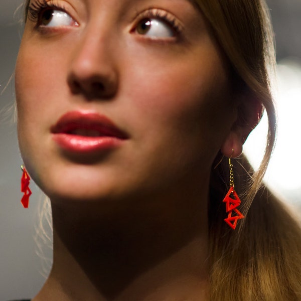 Red 3d printed earrings "Triangles" unusual and original design, 3d print pla biodegradable plastic derived from renewable resources minimal