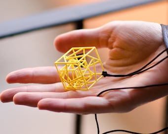 3d printed geometric pendant necklace, hyper cube, architecture hand tinted 3d print resin cubic, architecture gift for architect teacher