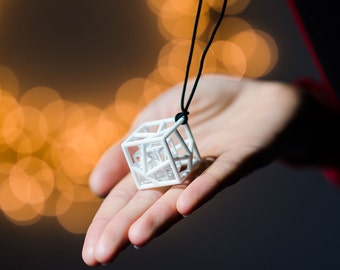 3d printed pendant necklace white cube cubic geometric cage contemporary design architecture hyper cube 3d print unisex mens jewelry