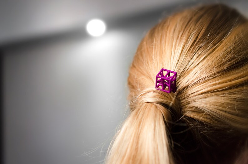 3d printed hairpin purple finish, hair decoration, polyamide exclusive innovative design contemporary geometric hand tinted cube star image 1