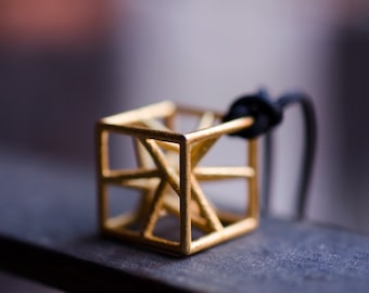 Geometric 3d printed steel pendant necklace golden metal jewel mens unisex woman 3dprint gift architecture architect star cube stylized