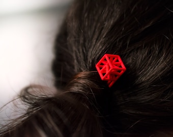 3d printed hairpin coral red finish hair decoration exclusive innovative design contemporary geometric hand tinted cube star gift for her