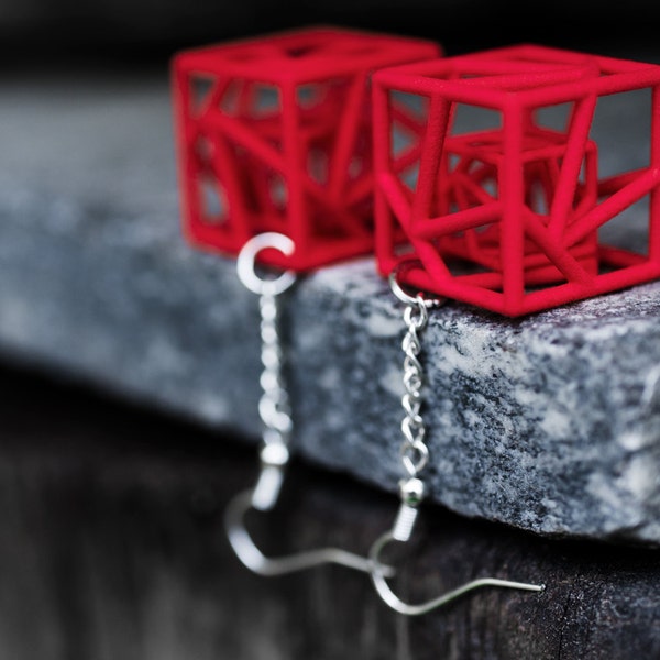 3d printed geometric earrings; gift for architect, architecture student, math, geometry or science teacher; hyper cube or star cube shaped