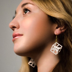 3d printed geometric cubic earrings, gift for architecture student math science geometry teacher engineer architect, hyper star cube light