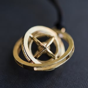 3d printed kinetic jewelry brass pendant necklace, double rotating spinner, time, gift for science teacher astronomy student travel turner