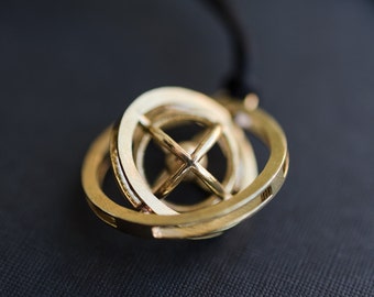 3d printed kinetic jewelry brass pendant necklace, double rotating spinner, time, gift for science teacher astronomy student travel turner