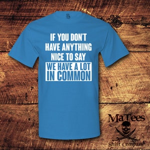 May include: A turquoise t-shirt with the text "IF YOU DON'T HAVE ANYTHING NICE TO SAY WE HAVE A LOT IN COMMON" in white block letters. The shirt also features the "MaTees Shirt Company" logo in the bottom right corner.