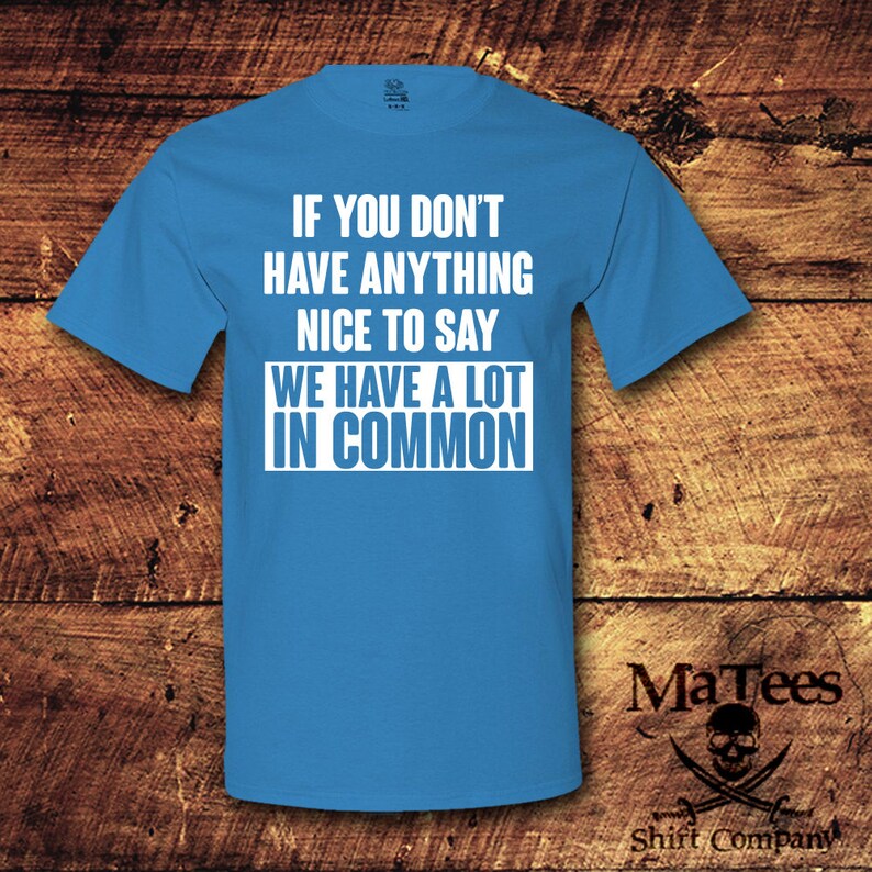 May include: A turquoise t-shirt with the text "IF YOU DON'T HAVE ANYTHING NICE TO SAY WE HAVE A LOT IN COMMON" in white block letters. The shirt also features the "MaTees Shirt Company" logo in the bottom right corner.