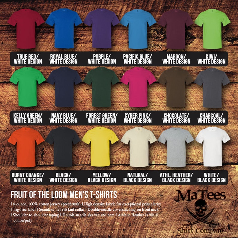 May include: A display of various Fruit of the Loom men's t-shirts in multiple colors, including red, blue, green, and orange. Each shirt has a white design. The image also includes text describing the shirt's features and the brand name.