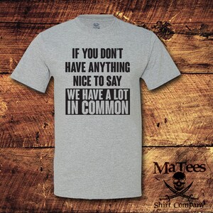 May include: A light gray t-shirt with the text "IF YOU DON'T HAVE ANYTHING NICE TO SAY WE HAVE A LOT IN COMMON" in black. The shirt also features the MaTees logo and "Shift Company" text.