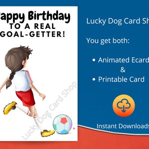 E-CARD animado com som de torcida e cartão de aniversário IMPRIMÍVEL para jogadora de futebol, mensagem dentro: Espero que você MARQUE um aniversário fantástico