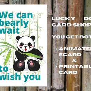 E-CARD animado e cartão de primeiro aniversário para impressão, urso panda comendo bambu, urso panda no balanço, um ano de idade