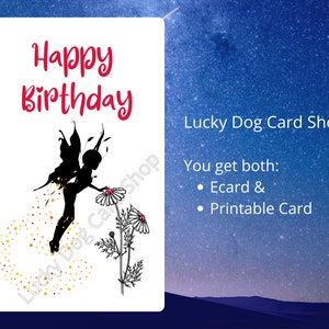Puede incluir: Una tarjeta de cumpleaños imprimible con la silueta de un hada con alas, volando sobre un rastro en forma de corazón de estrellas doradas. El hada sostiene una flor con acentos rojos. La tarjeta tiene el texto "Happy Birthday" en letras rojas y "Lucky Dog Card Shop" en letras negras.