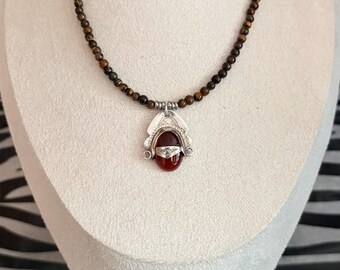 Tiger’s Eye Necklace with a Sterling Silver Carnelian Pendant