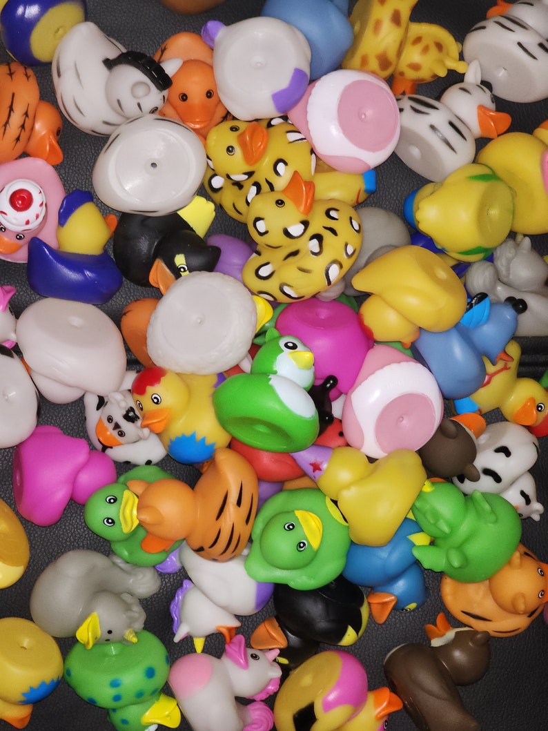 Puede incluir: Una colecci&oacute;n de patos de goma coloridos con varios dise&ntilde;os de animales, incluyendo una cebra, una jirafa, un tigre y un unicornio. Los patos son de varios colores, incluyendo amarillo, naranja, rosa, azul, verde y negro.