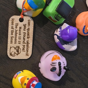 Puede incluir: Un letrero de madera con el texto "con-quack-ulations! you found me! March 12-19 The Johnsons Icon of the Seas" y un pato de dibujos animados con gafas de sol. Hay varios juguetes de patos de goma en el fondo, incluyendo un barco verde, un pato morado con un patr&oacute;n de cebra, un pato amarillo con un sombrero azul y blanco, y un pato amarillo con un patr&oacute;n verde y blanco.