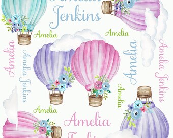May include: A white background with a pattern of hot air balloons in shades of pink, purple, and blue. The balloons are decorated with flowers and the name "Amelia Jenkins" is written in cursive throughout the design.