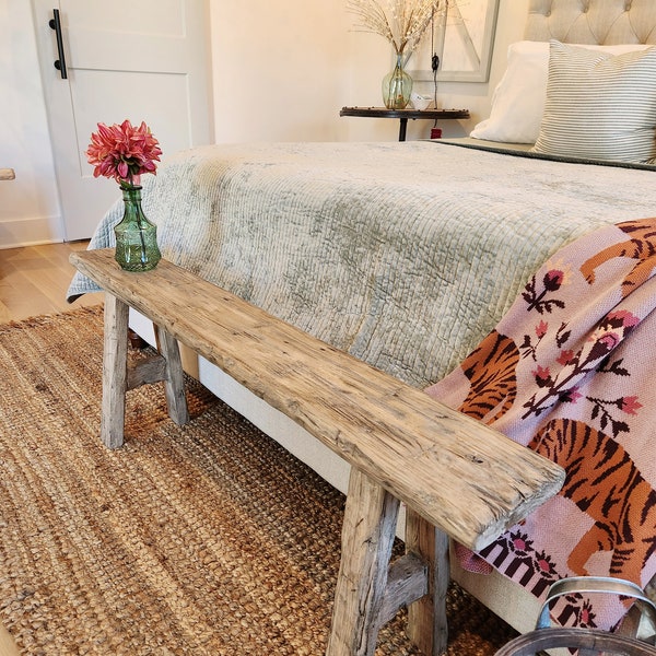 Noodle Bench solid Wood 4ft x 7"x 18" in Dark Driftwood Finish- Bed Front, Entry, Hallway Organic Neutral Vintage Cottage Farmhouse