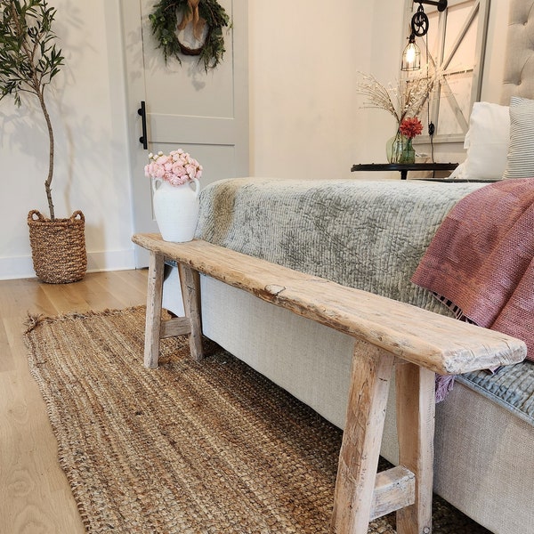 Wood Noodle Skinny Bench 5ft x 7x 18 Weathered Blonde Driftwood Rustic, bed front, Entry, Hallway, Dining,Organic Neutral Farmhouse Coastal