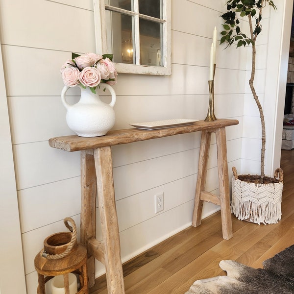 NARROW Wood Noodle Console Entry Table 4ft x7x30 Weathered Blonde Driftwood Rustic,Entry, Hallway, Dining,Organic Cottage Farmhouse Coastal