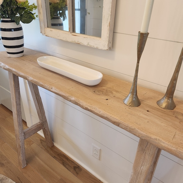 Wood Noodle Console Entry Table 4ft x 10"x 34" Weathered Blonde Driftwood finish, Organic Neutral Farmhouse Coastal Cottage