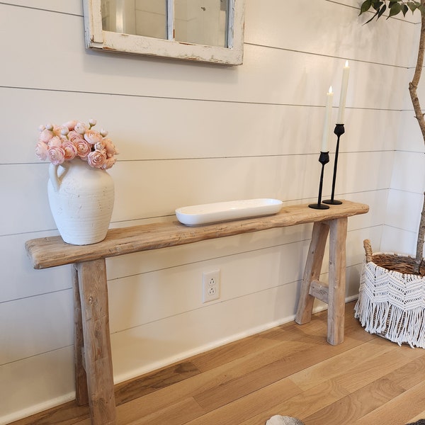 Skinny Wood Noodle Bench 4ft x5.5 x24 Weathered Blonde Driftwood Rustic, Bed Front, Entry, Hallway, Dining,Organic Cottage Farmhouse Coastal